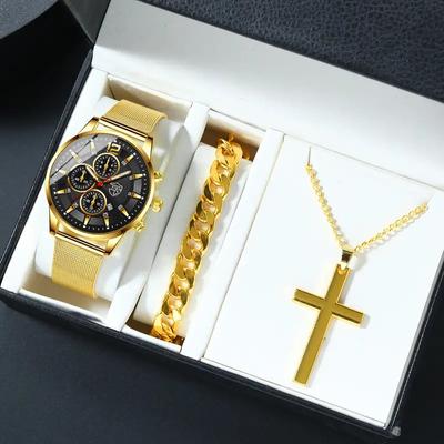3pcs/set Fashion Men's Sports Watches Man Stainless Steel Mesh Belt Wristwatch Mens Quartz Watch and Bracelet and Neckalce