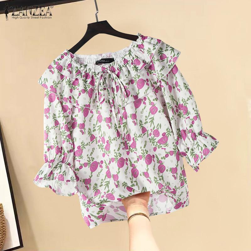 

ZANZEA Женская модная блузка с круглым вырезом и коротким рукавом с цветочным принтом L жёлтый