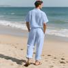 Męskie casualowe bawełniane lniane dwuczęściowe zestawy plażowe vintage podstawowe koszule i spodnie jednolity kolor casualowy garnitur męski hawajski dres