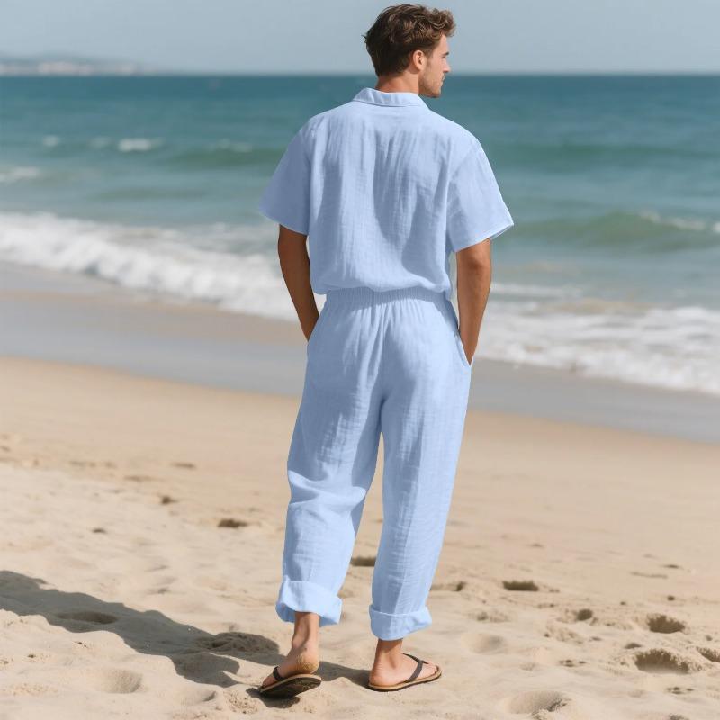 Męskie casualowe bawełniane lniane dwuczęściowe zestawy plażowe vintage podstawowe koszule i spodnie jednolity kolor casualowy garnitur męski hawajski dres