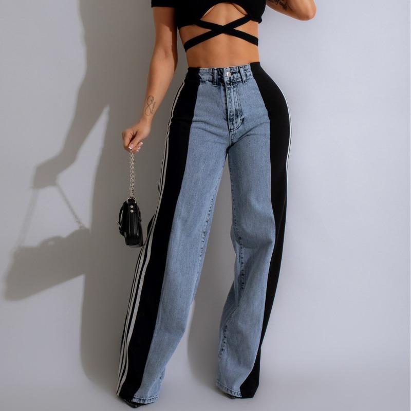 Summer Fashion Splicing Three Striped Wide Leg Denim Trousers Women s New Casual High Waist Elastic Straight Pants S
