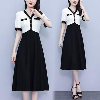 Moda Estiva Abito a Maniche Corte Elegante Abito Midi A-line con Cintura Outfit Finto Due Pezzi