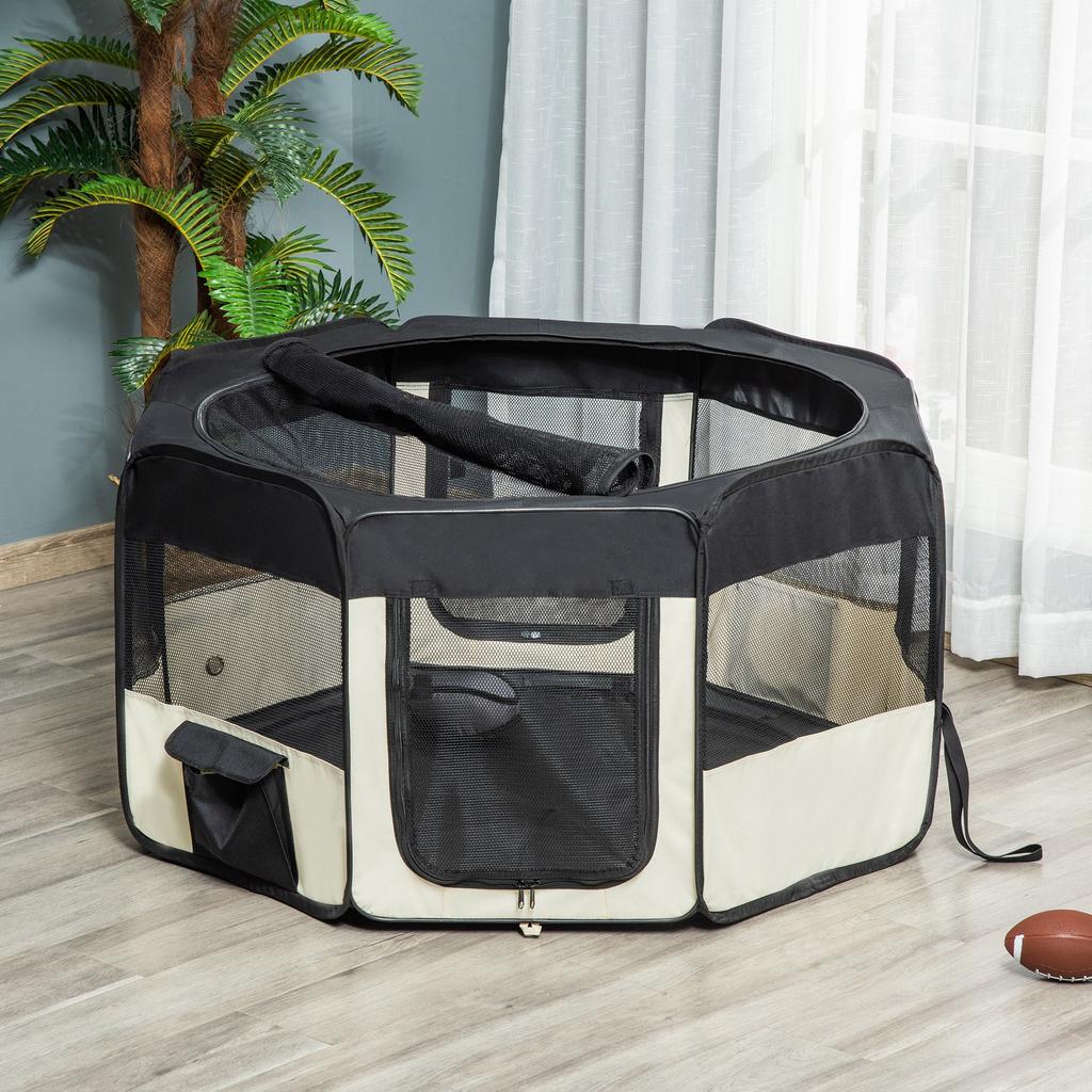 Puppy Playpen Foldable Mesh Cover Dog Playpen Breathable Mesh diameter 120 x 58H cm Black+Cream White
