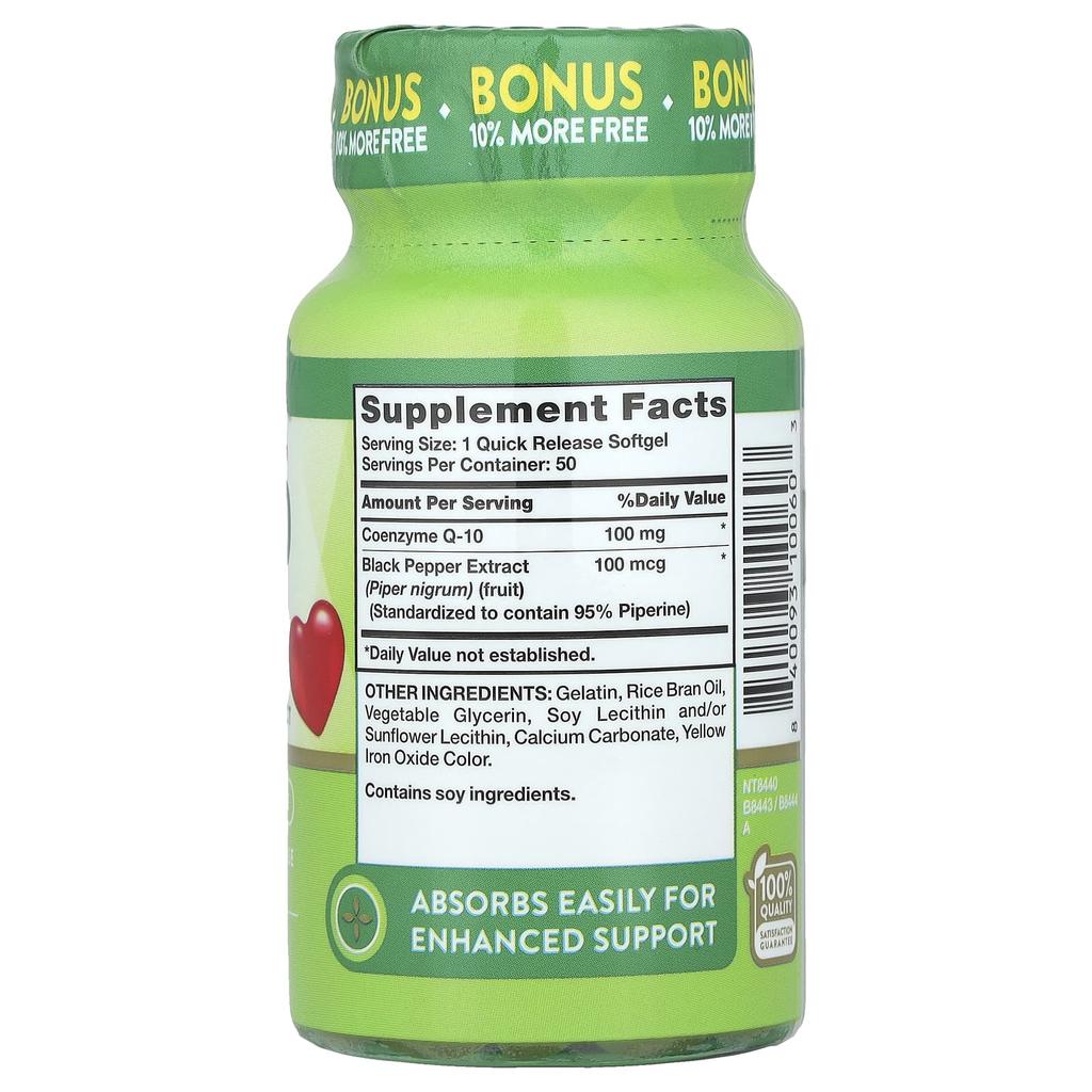 Nature'S Truth, Coq-10 Plus Black Pepper Extract, Enhanced Absorption, 100Mg, 50 Softgels