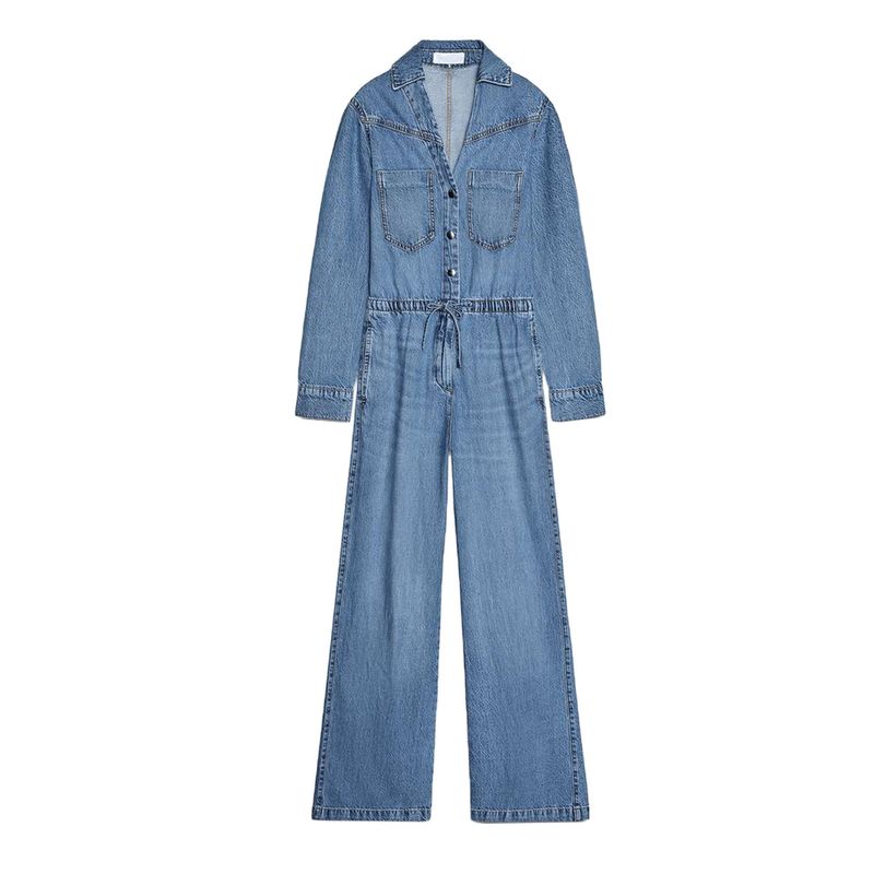 

Za Summer New Women clothes Long sleeve Lapel Pocket Decoration Wide Leg Adjustable Waist Denim Jumpsuit 0108022 Medium Blue L