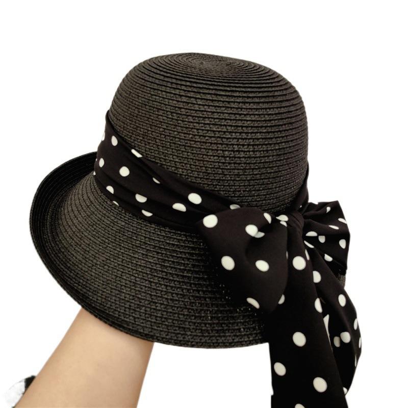 French Retro Style, Elegant Polka Dots, Bow Tie, Sun Hat, Straw Hat, Women's, Summer Seaside Vacation, Beach Sun Hat