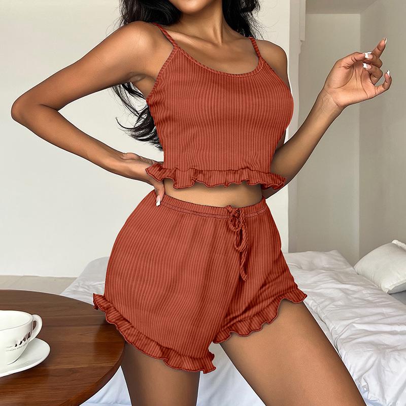 Women's Sexy Ribbed Knit Camisole and Shorts Pajama Set with Criss-cross Straps - European & American Homewear