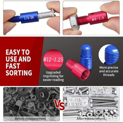 1pc Nut And Bolt Thread Checker With Wire Lanyard, 26 Male/Female Gauges, 14 Standard (Inch) & 12 Metric Sizes, Detachable, Red & Blue