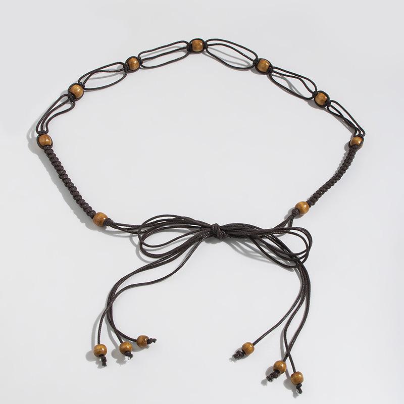 

Богемный пояс Этнический пояс Плетеный пояс Деревянные бусины Женский тонкий пояс Повседневный стиль для отпуска Поясная веревка