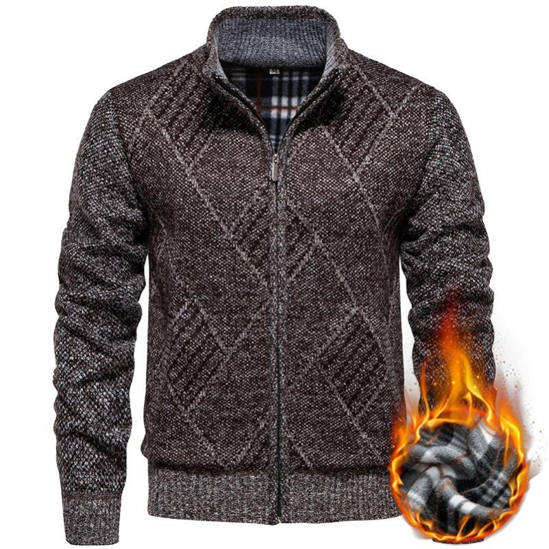 

Autumn and Winter Men s Plus Velvet Thick Cardigan Sweater Fashion Solid Color Large Size Stand-up Collar Knitted Jacket 3XL