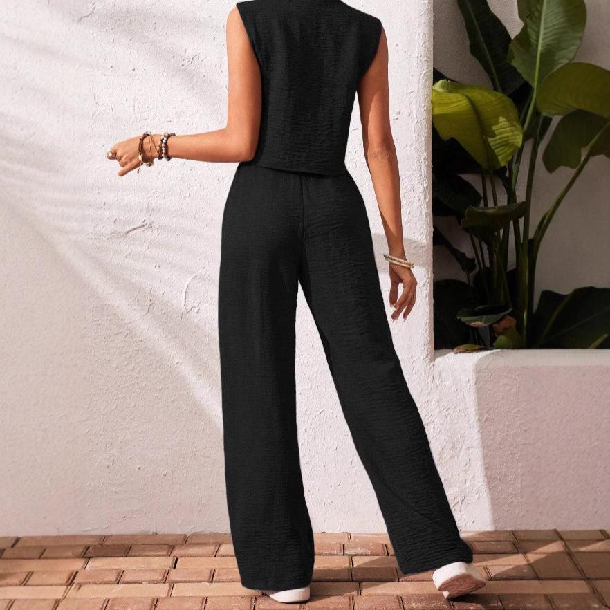 Summer Cotton Linen Women V-Neck Vest Front Button Vest Trousers Casual Suit Women Short Vest Top + Pants Two Peice Set