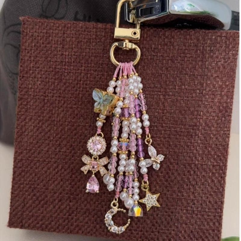Butterfly Moon Star Zircon Bead Tassel Key Chains for Women Korean Pearl Bow Water Drop Handmade Chain Bag Key Pendant Accessory
