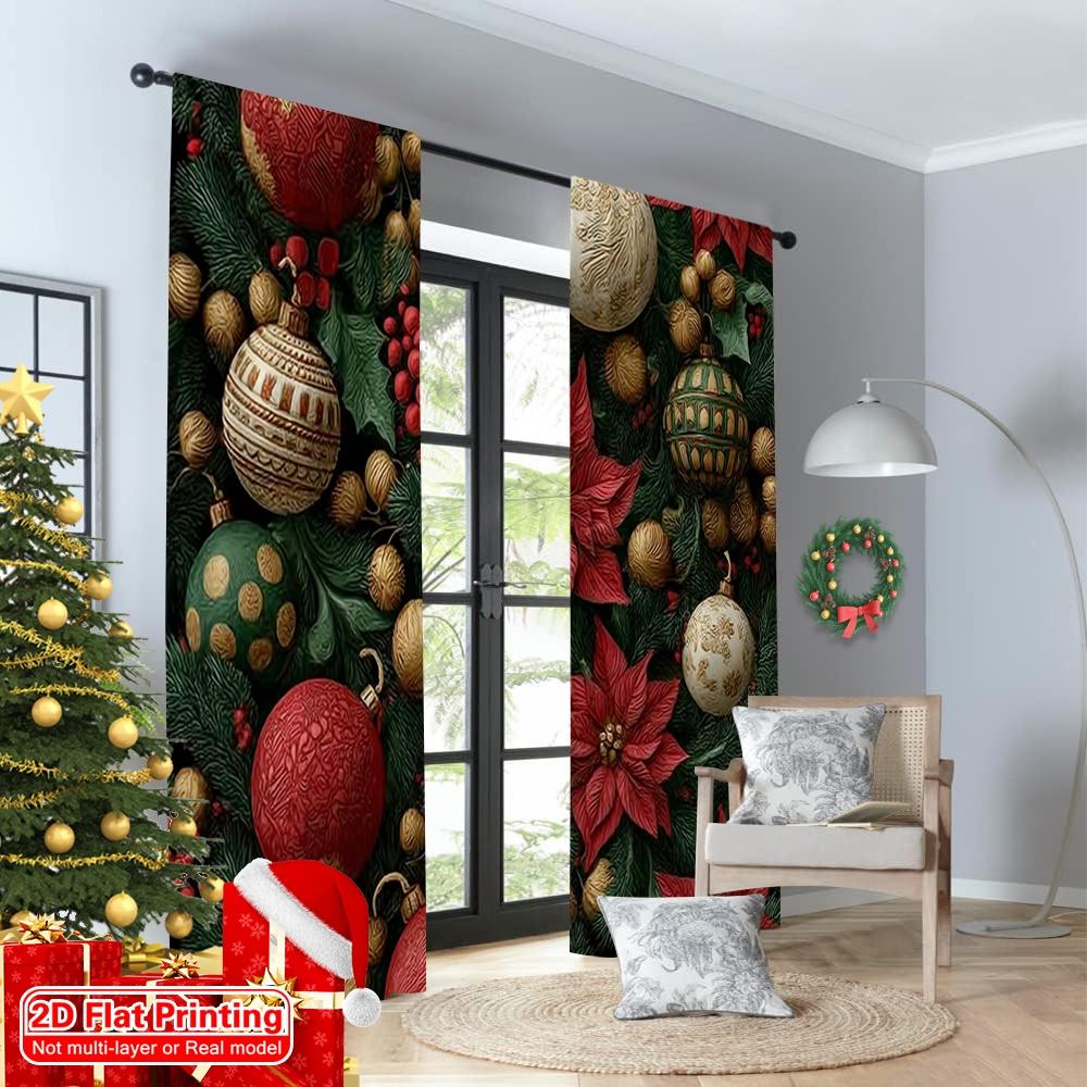 Set Of 2 Flat Printing Fashionable Christmas Curtains Decorations Pine Branch Elements Durable Polyester Fiber Birthday Curtain