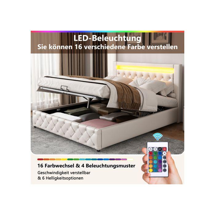 Lit Rembourré - MUVOE - 140 X 200 Cm - Éclairage LED - Rangement Intégré - Blanc