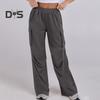 Women Cargo Pants Elastic Waist Mid-rise Straight Wide Leg Sweatpants with Multi Pockets Solid Color Casual Jogging Pants Loose Lounge Pants