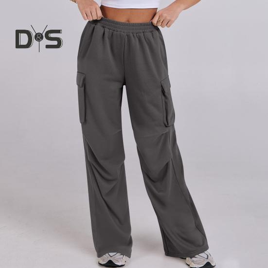 Women Cargo Pants Elastic Waist Mid-rise Straight Wide Leg Sweatpants with Multi Pockets Solid Color Casual Jogging Pants Loose Lounge Pants