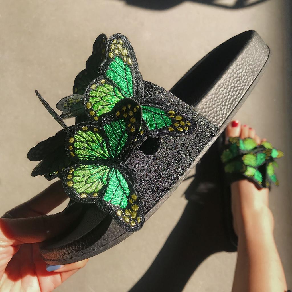 Women Summer Butterfly Slippers Fashion Craft Embroidery Three -Dimensional Butterfly Sandals And Slippers Beach Shoes Flip Flops