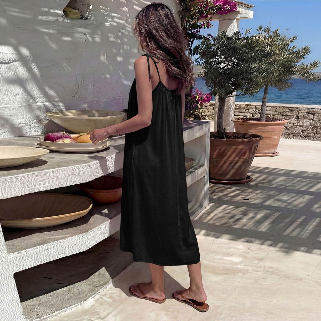Ärmelloses rückenfreies Trägerkleid für Damen, verstellbarer elastischer Rücken, lässig lockere Passform, Midi-Kleid für den täglichen Gebrauch