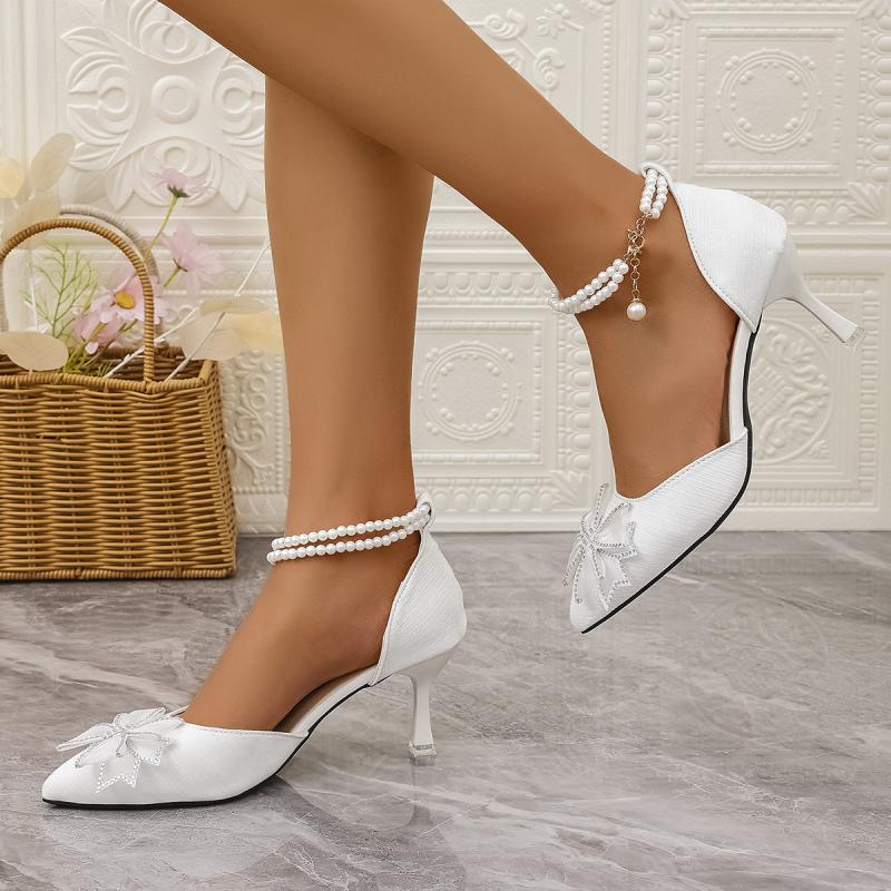 Fashion Elegant Pearl Chain Ankle Strap Pumps Women Summer Bowknot Decoration Pointed Toe High Heel Pumps Fashion White Wedding Shoes