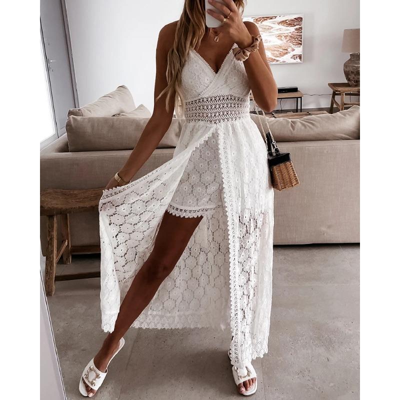 

Летний V-образный вырез, однотонный, кружевной, без рукавов, наряд для вечеринки, комбинезон с высокой талией, повседневный белый женский комбинезон для отдыха M белый