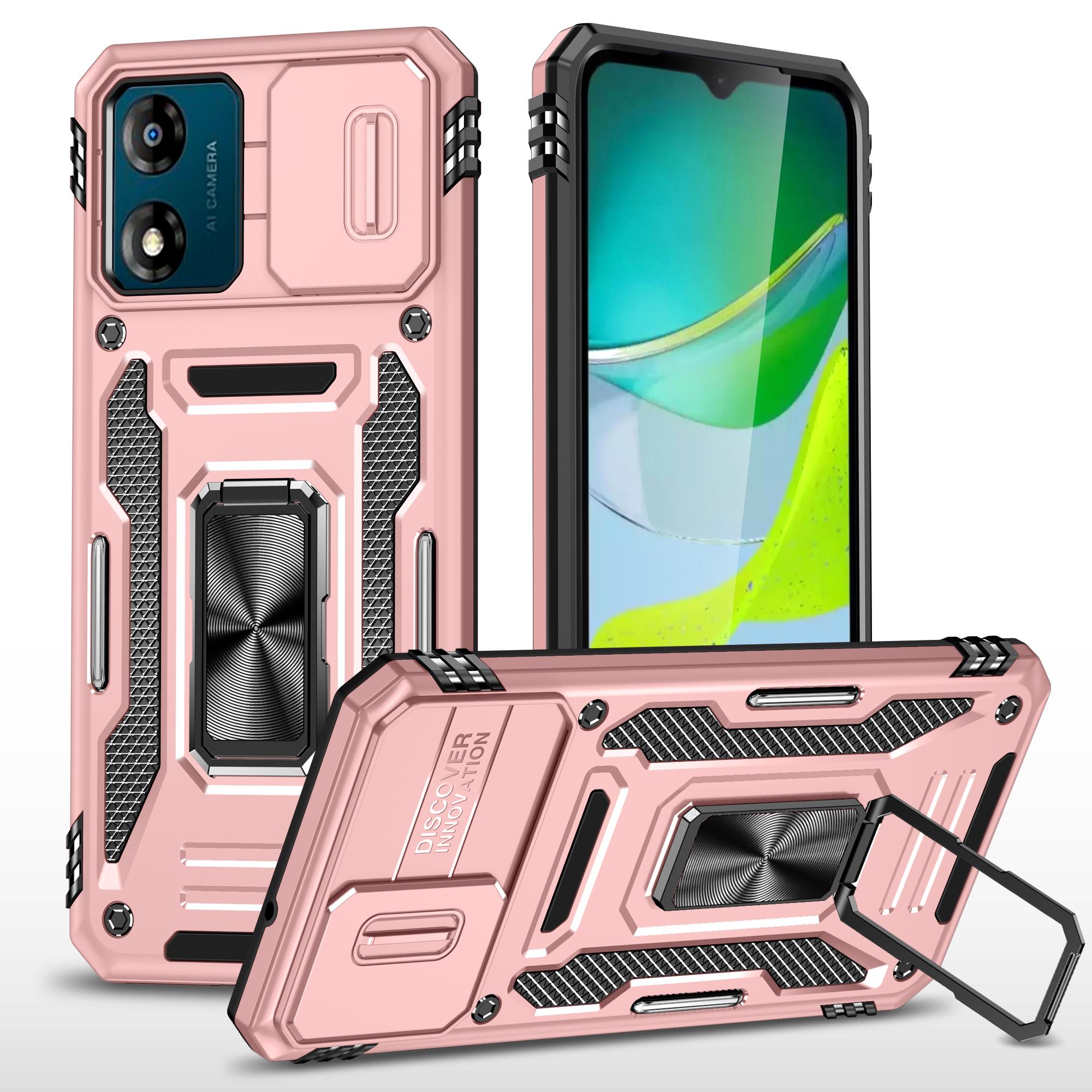 

Armor Series For Motorola Moto E13 4G Slide Lens Shield Anti-drop Cover Metal Kickstand PC+TPU Phone Case Rose Gold