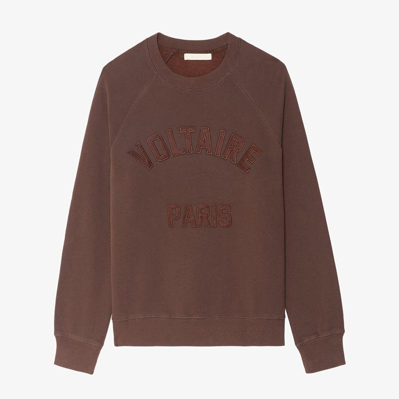 Женская осенне-зимняя вышитая толстовка с опущенной линией плеча и круглым вырезом L коричневый