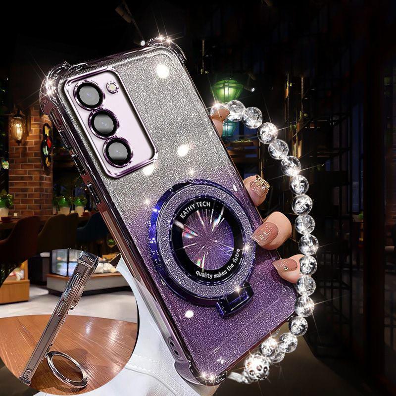 Luxury Lanyard Glitter Magnetic Holder Case For Samsung Galaxy S25 S24FE S23 Ultra S22 S21 S20 Plus Note 20 Ultra Silicone Cover