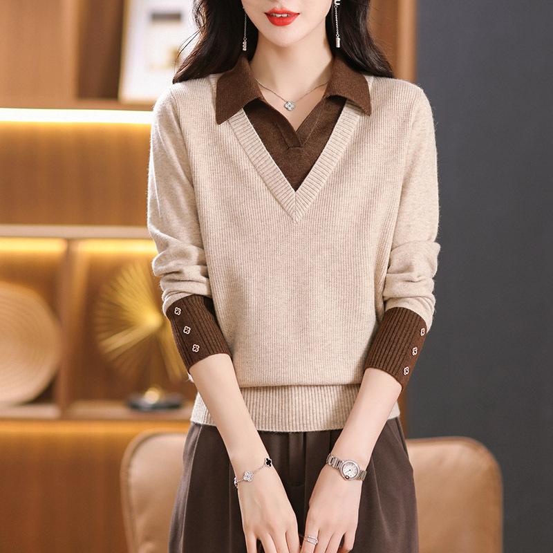 Polo Collar Fake Two-piece Long-sleeved Knitted Sweater Women's New Autumn Knitted Top Foreign Relaxed Fit Top