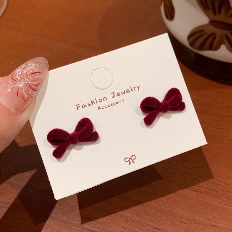 Cute Red Bow Flocking Earrings Simple Elegant Exquisite Sweet Festive Earrings Ear Studs Jewelry Accessories New Year Gifts