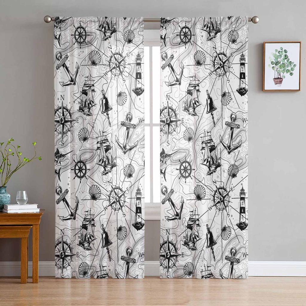Map Navigation Ship Lines Retro Sheer Curtains Modern Gauze Curtain for Living Room Bedroom Voile Yarn Curtains