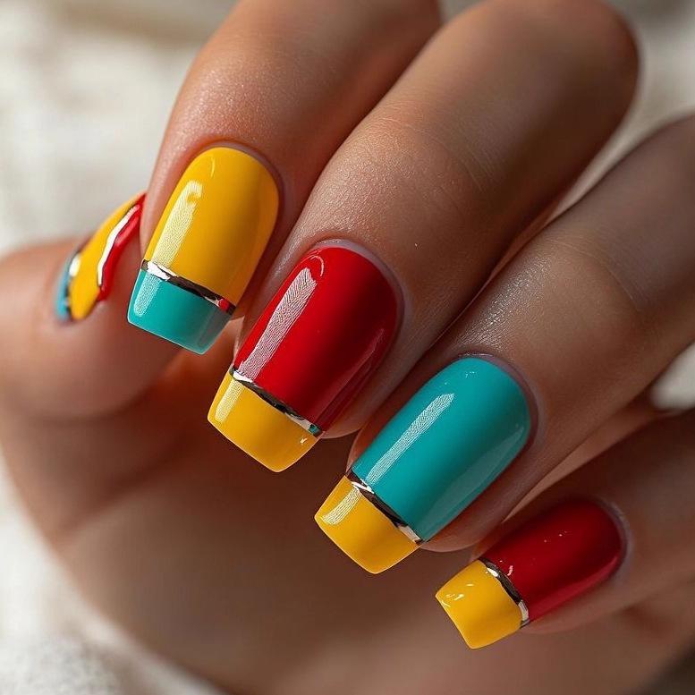 European Square Medium-Length Contrast Color French Nail Tips with Gold Edging - Trendy, Wearable False Nails