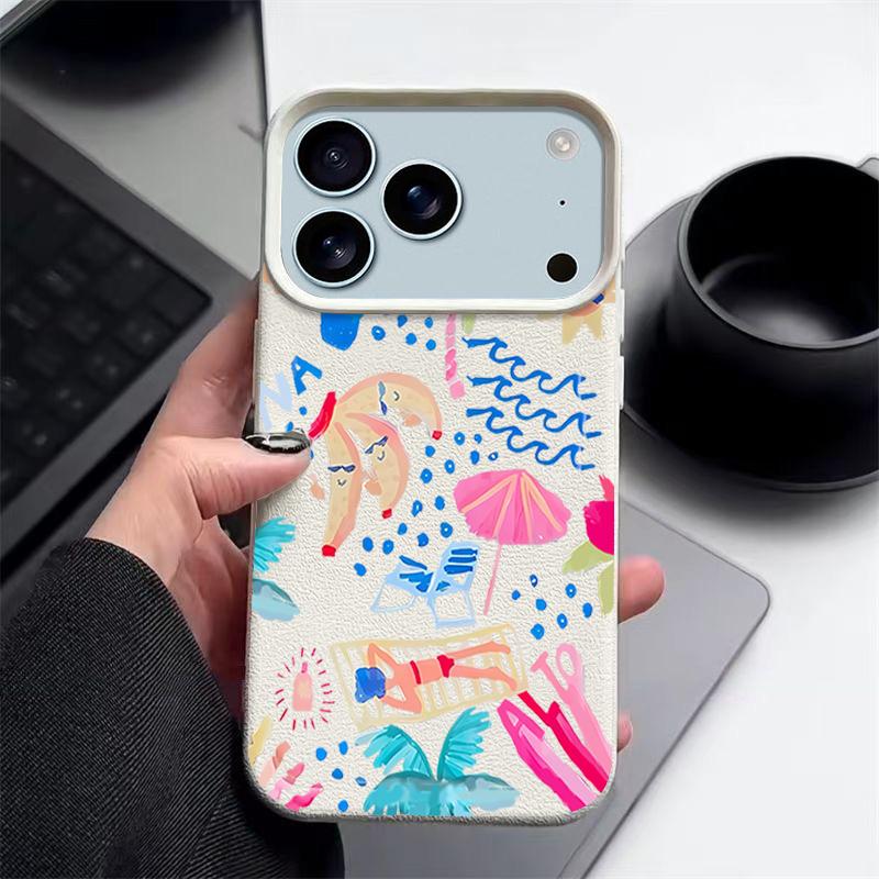 For iPhone 17 Pro Max Case Luxury Cartoon Vacation Painting Leather Texture Silicone Cover For iPhone 16 Pro Max 15 14 13 12 11 16E Air