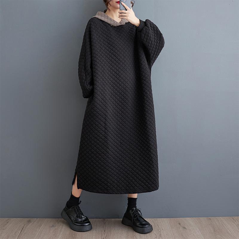 

Женская мода весна осень однотонный принт длинный рукав капюшон свободная талия повседневные платья Size: One Size чёрный