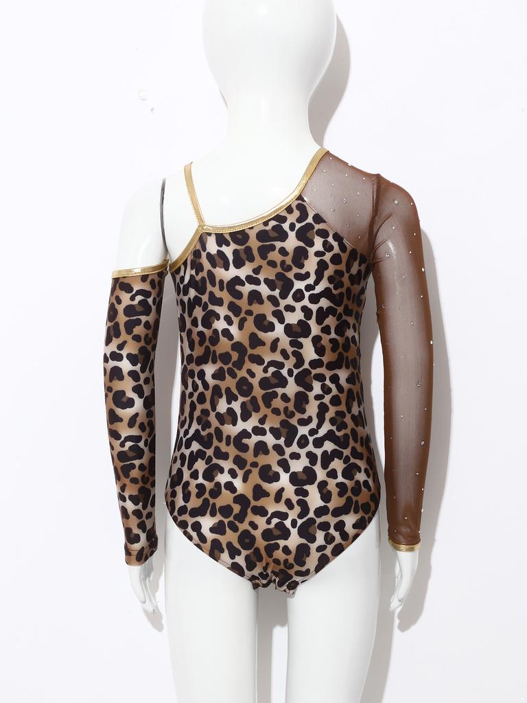Kids Girls Leopard Printed Gymnastics Ballet Leotards Dance Performance Costume Rhinestones Caveman Jumpsuit with Oversleeve