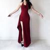 French V-neck Backless Long Skirt, New Celebrity Noble Dress with Split Ends, Slim and Thin Waist, Red Hip Skirt