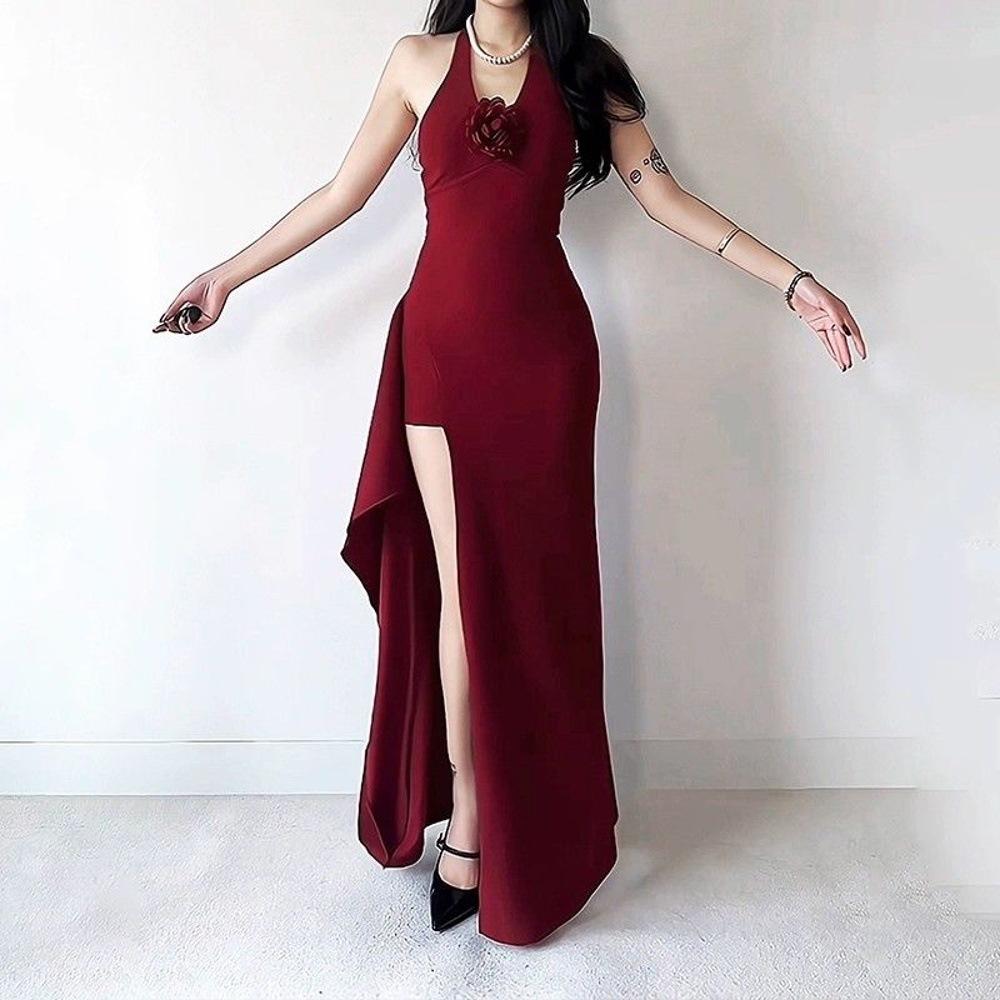 French V-neck Backless Long Skirt, New Celebrity Noble Dress with Split Ends, Slim and Thin Waist, Red Hip Skirt