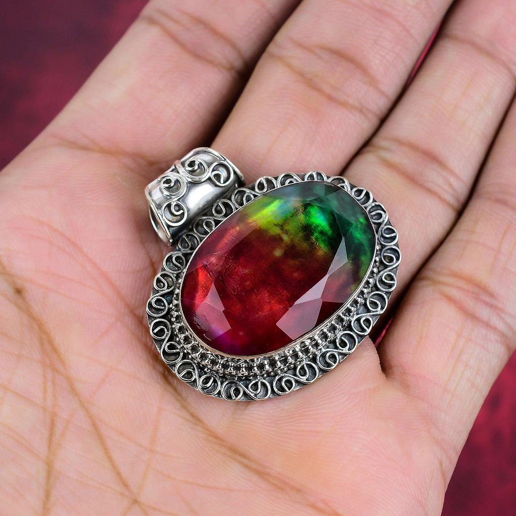 Ammolite Gemstone 925 Solid Sterling Silver Handmade Dainty Jewelry Pendant, Handmade Pendant Gemstone Jewelry For Thanksgiving
