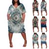 Summer Plus Size V Neck Short Sleeve Knee Pocket Print Casual Dress For Women