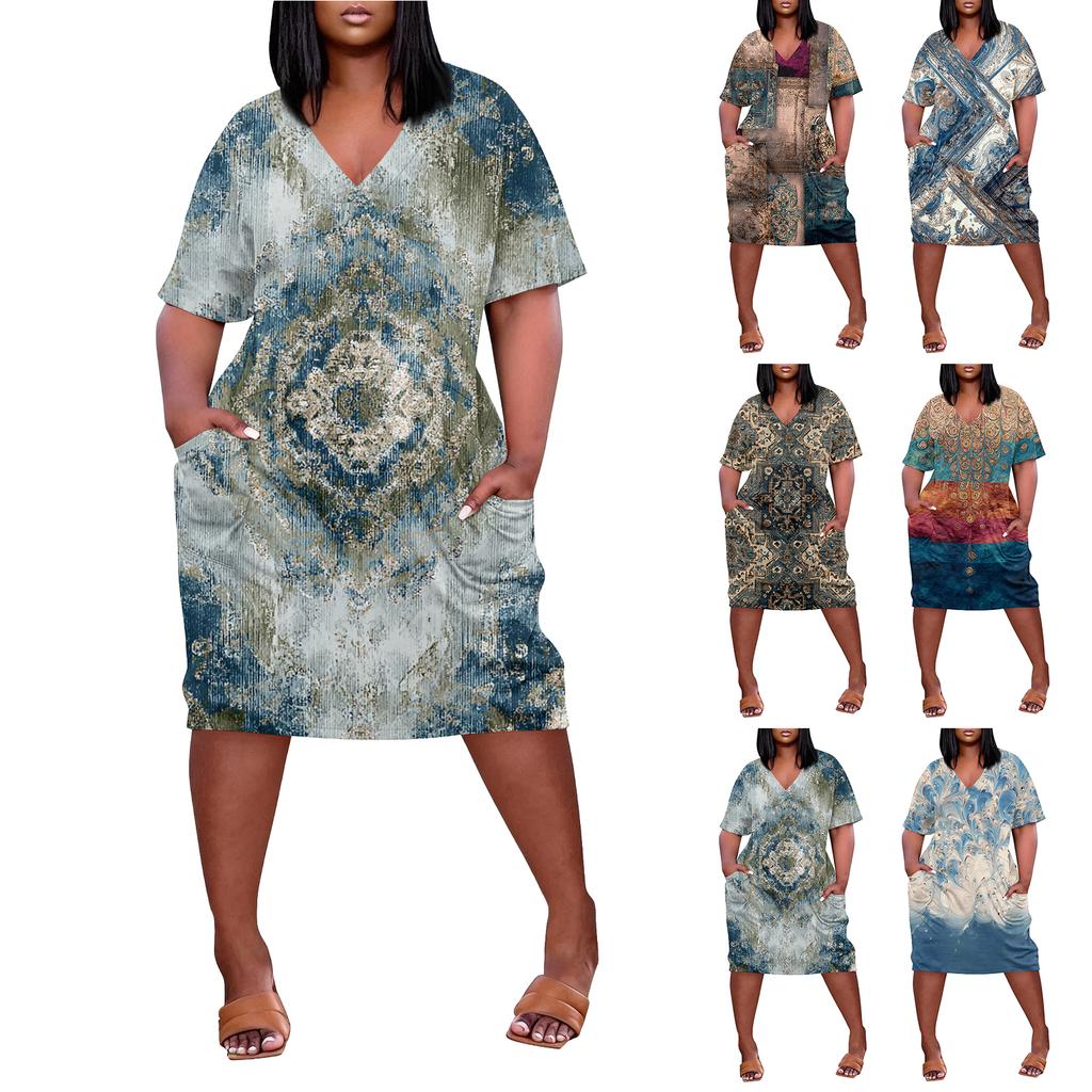 Summer Plus Size V Neck Short Sleeve Knee Pocket Print Casual Dress For Women