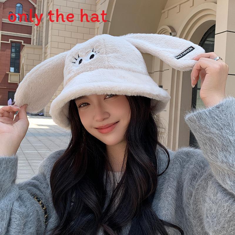 Korean Style Plush Rabbit Ears Bucket Hat With Warm Windproof Function For Outdoor Winter Wear