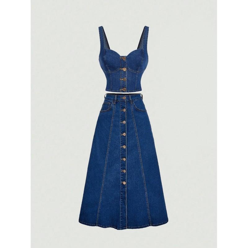 Womens Denim Crop Top Long Skirt