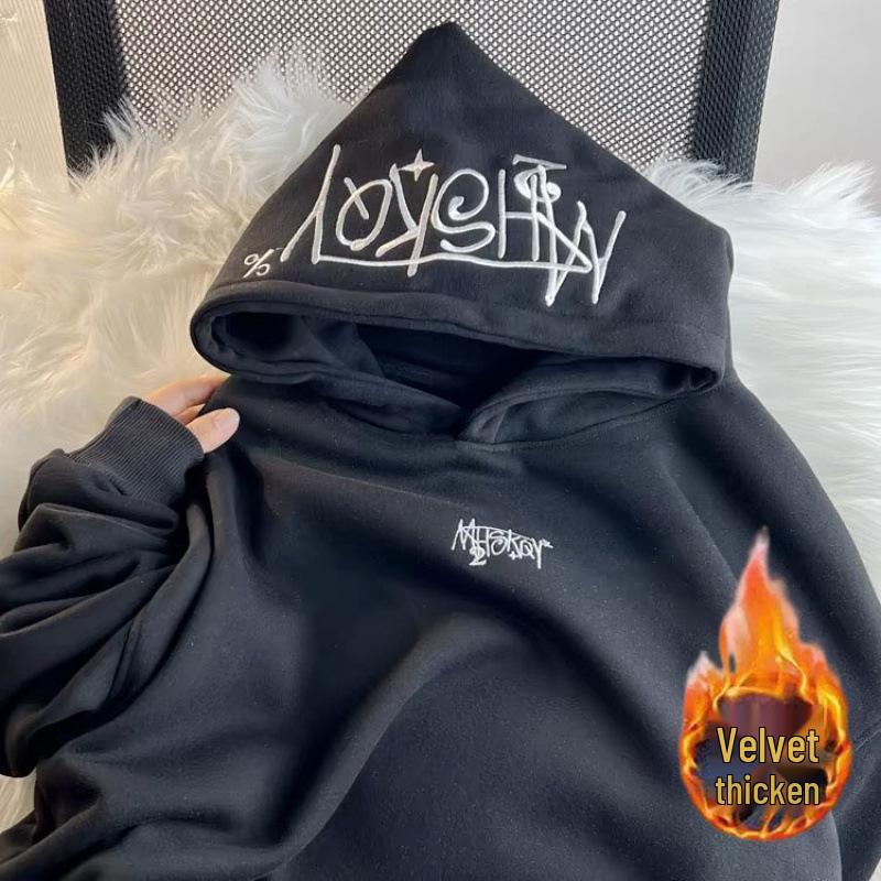 Unisex American Retro Fleece-Lined Hooded Sweatshirt for Autumn/Winter Hip Hop Trend