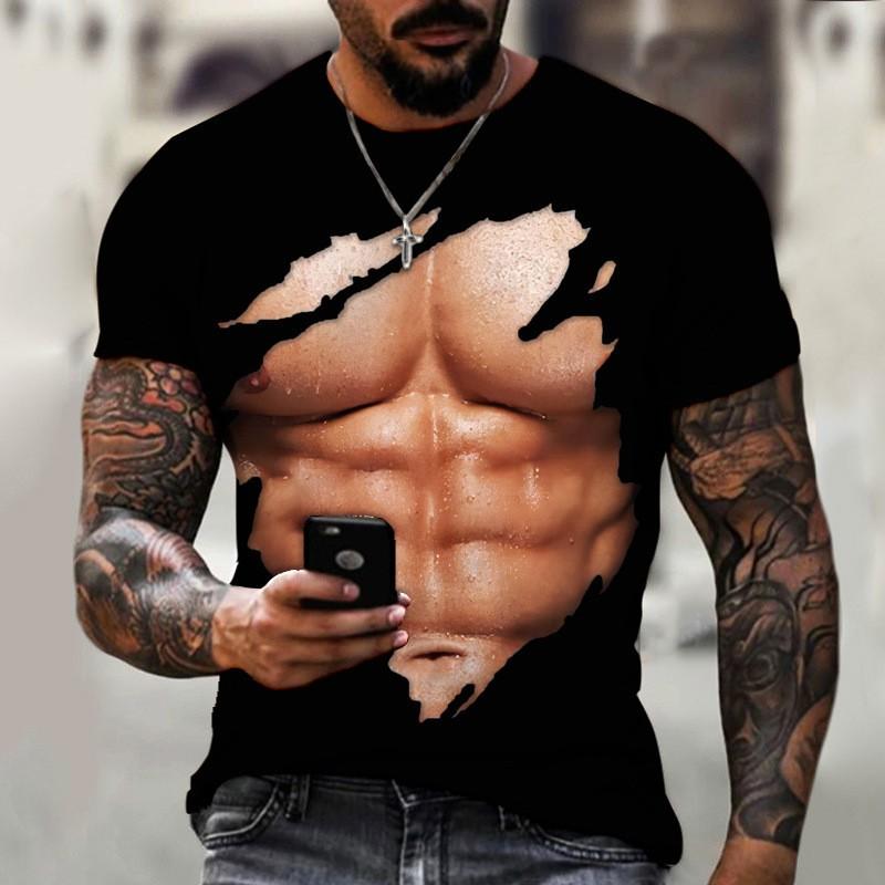 Mens 3D Printed Muscle Design T-Shirt Digital Print Short Sleeve Casual Crew Neck Breathable Loose Fit Tee