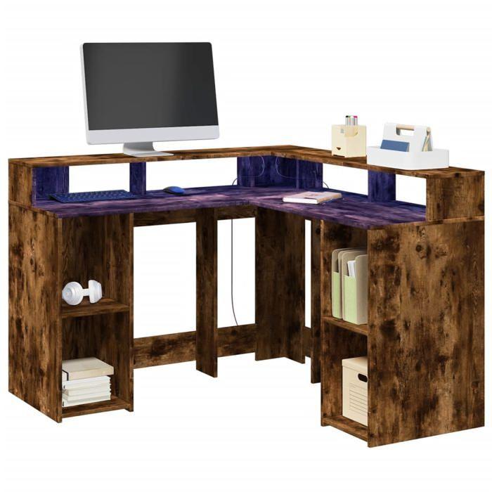 VidaXL Bureau et lumières LED chêne fumé 130x130x91cm bois ingénierie, bureau d'ordinateur, bureau d'écriture, meuble de 3309451