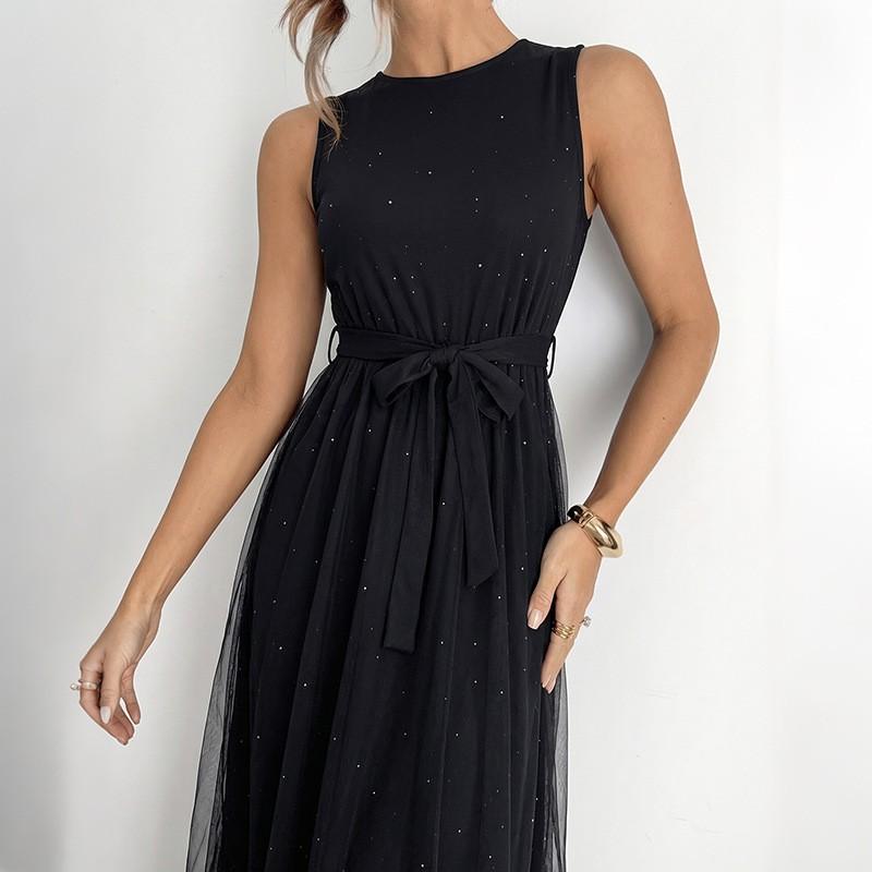 Womens Long Sleeveless Dress 2026 Lace Up Waist Tulle Patchwork A Line Evening Gown