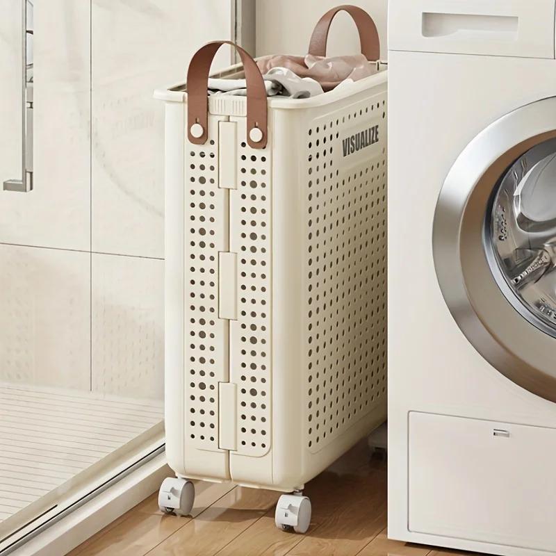 Foldable Slim Laundry Basket on Wheels, Versatile Laundry Hamper with Handle, Collapsible Laundry Sorter and Organizer