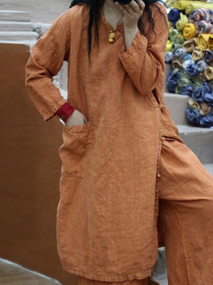 

Johnature женские однотонные свободные платья с длинными рукавами и пуговицами, карманное платье, весенняя одежда в китайском стиле One Size оранжевый