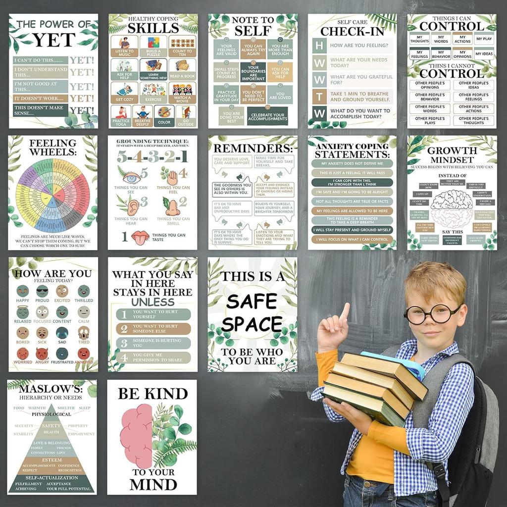 EggSun 15pcs Mental Health Posters for Classroom Office Decor, Calming Corner Therapy Awareness Office Decor Wall Art for School Homeschool