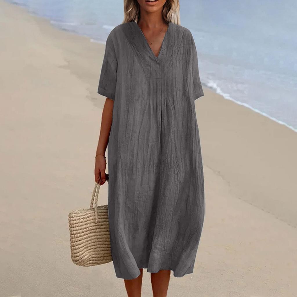 Women’s Loose Fit V Neck Short Sleeve Midi Dress with Crinkled Texture Lightweight Pullover Casual Style for Daily Wear