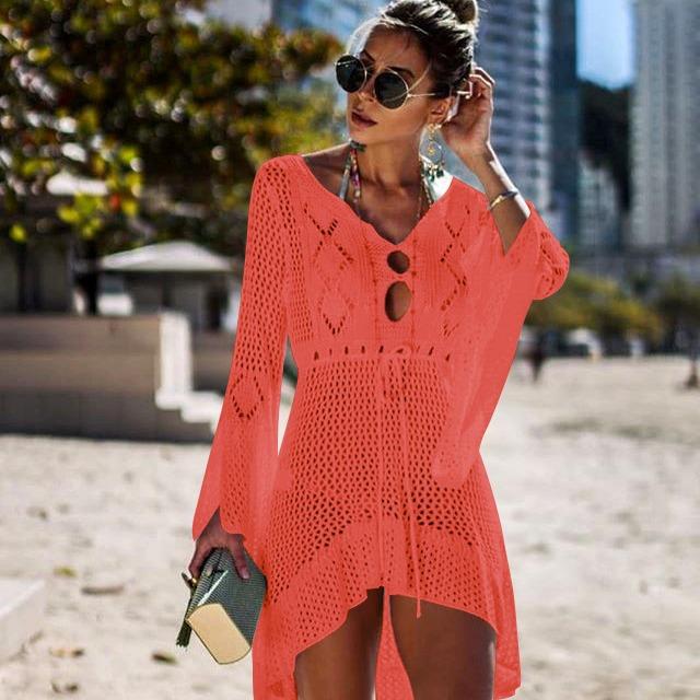 Summer Hollow Out Sun Protection Shirt  Fitshinling Flare Sleeve Knit Party Dress Dance Wear Sexy Costume Short Dresses